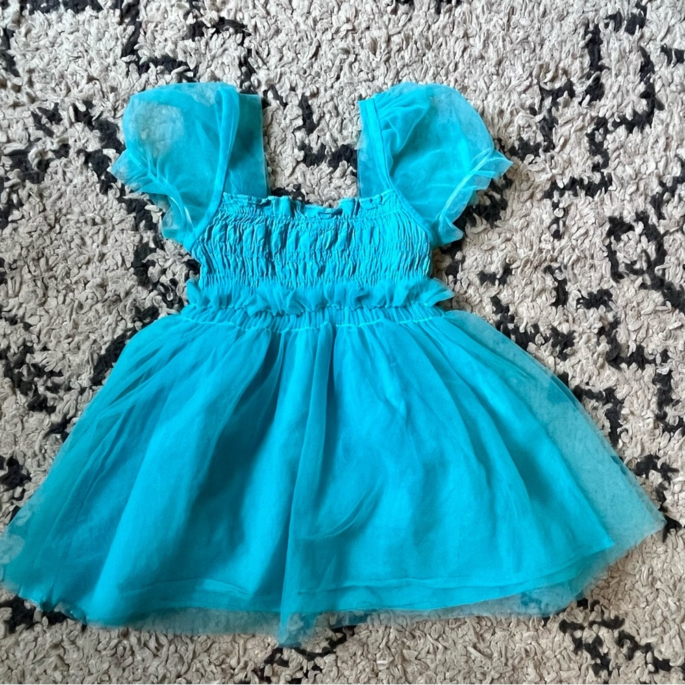 Charming Blue Tulle Kids Dress with Ruffled Sleeves